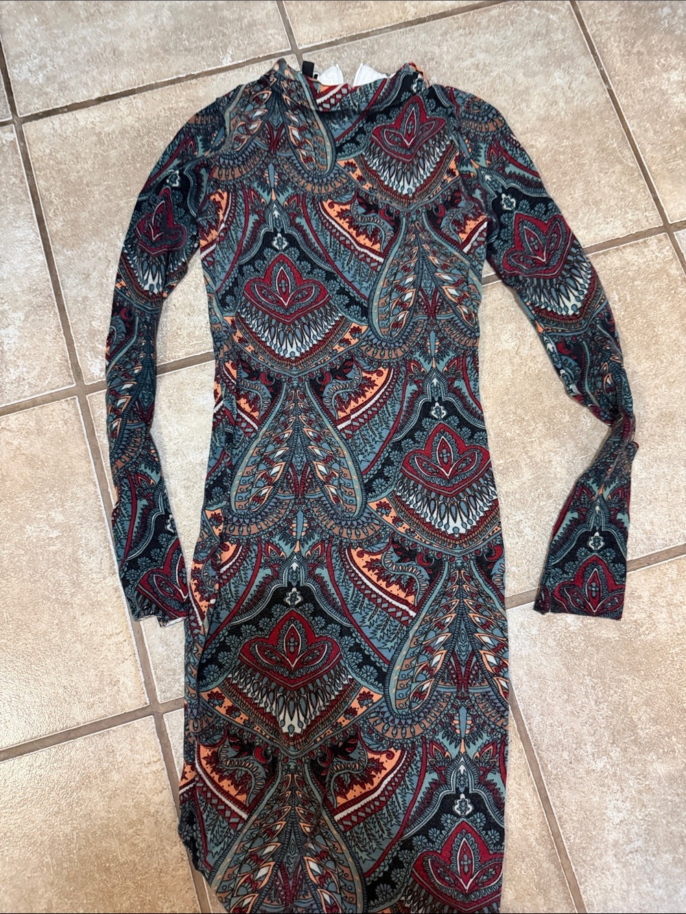 Guess by Marciano Long Sleeve Paisley Bodycon Dress in Red, Teal & Orange